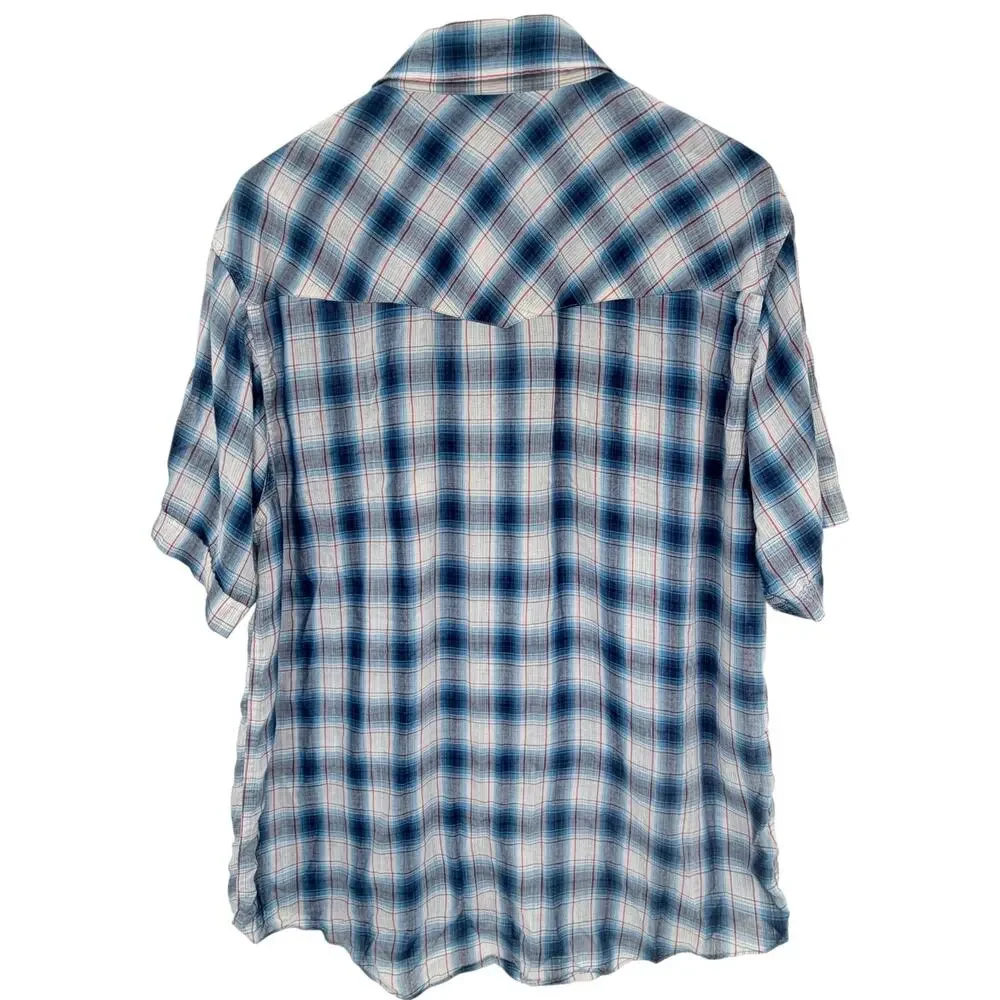 ELY Cattleman Pearl Snap Western Shirt Mens Large Blue Plaid Short Sleeve Cowboy - Picture 2 of 4